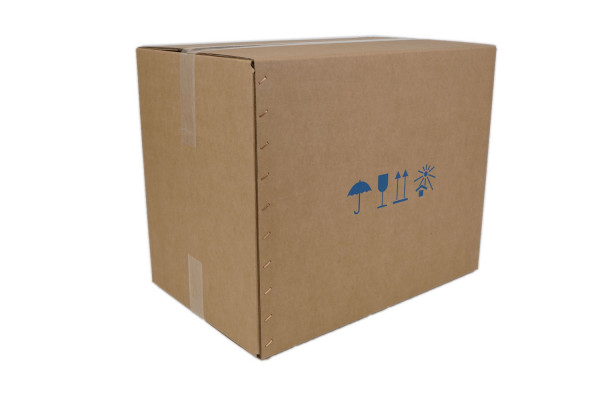 Wellpappe Faltkarton, 2-wellig, geheftet mit Warndrucke, 580x380x460 mm